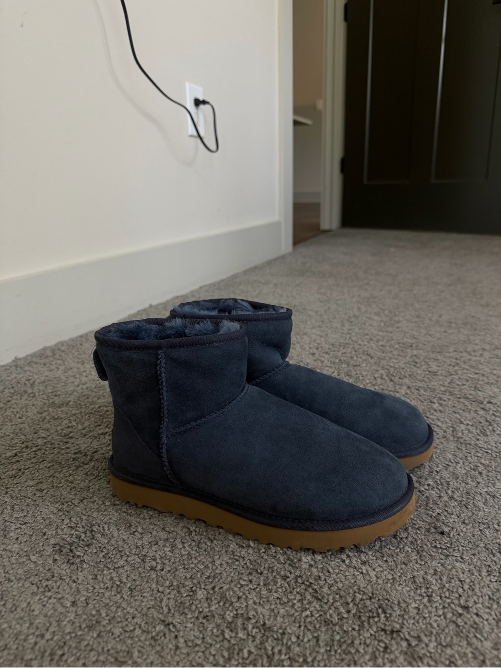 UGG Navy Suede Short Boot with Shearling - Picture 3 of 5